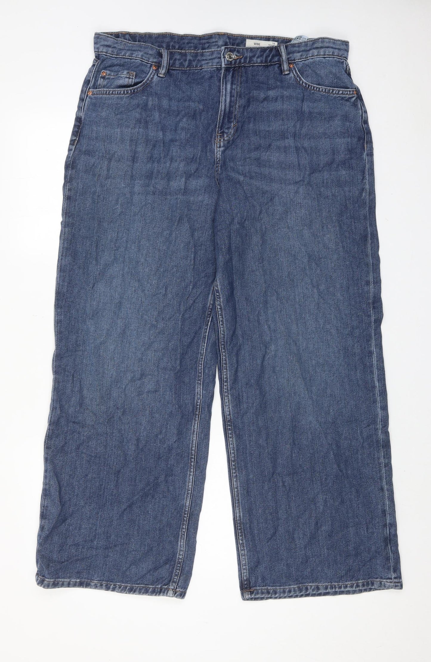Marks and Spencer Womens Blue Cotton Wide-Leg Jeans Size 16 Regular Zip
