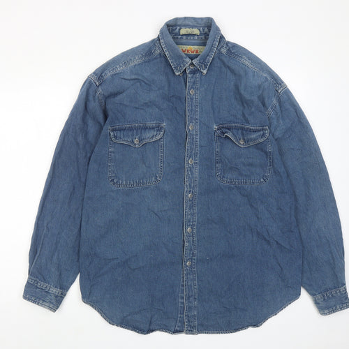 WKWR Mens Blue Cotton Button-Up Size LT Collared Button