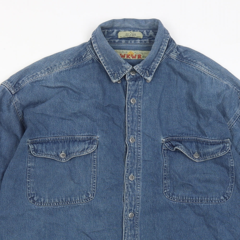 WKWR Mens Blue Cotton Button-Up Size LT Collared Button