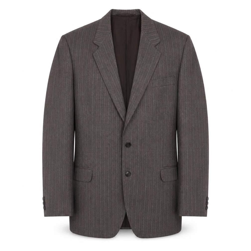 Front view of Stylex Fashions men’s grey striped polyester jacket suit jacket, size 44, regular
