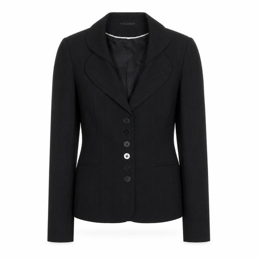 Front view of Principles women’s black pinstripe polyester jacket suit jacket, size UK 12