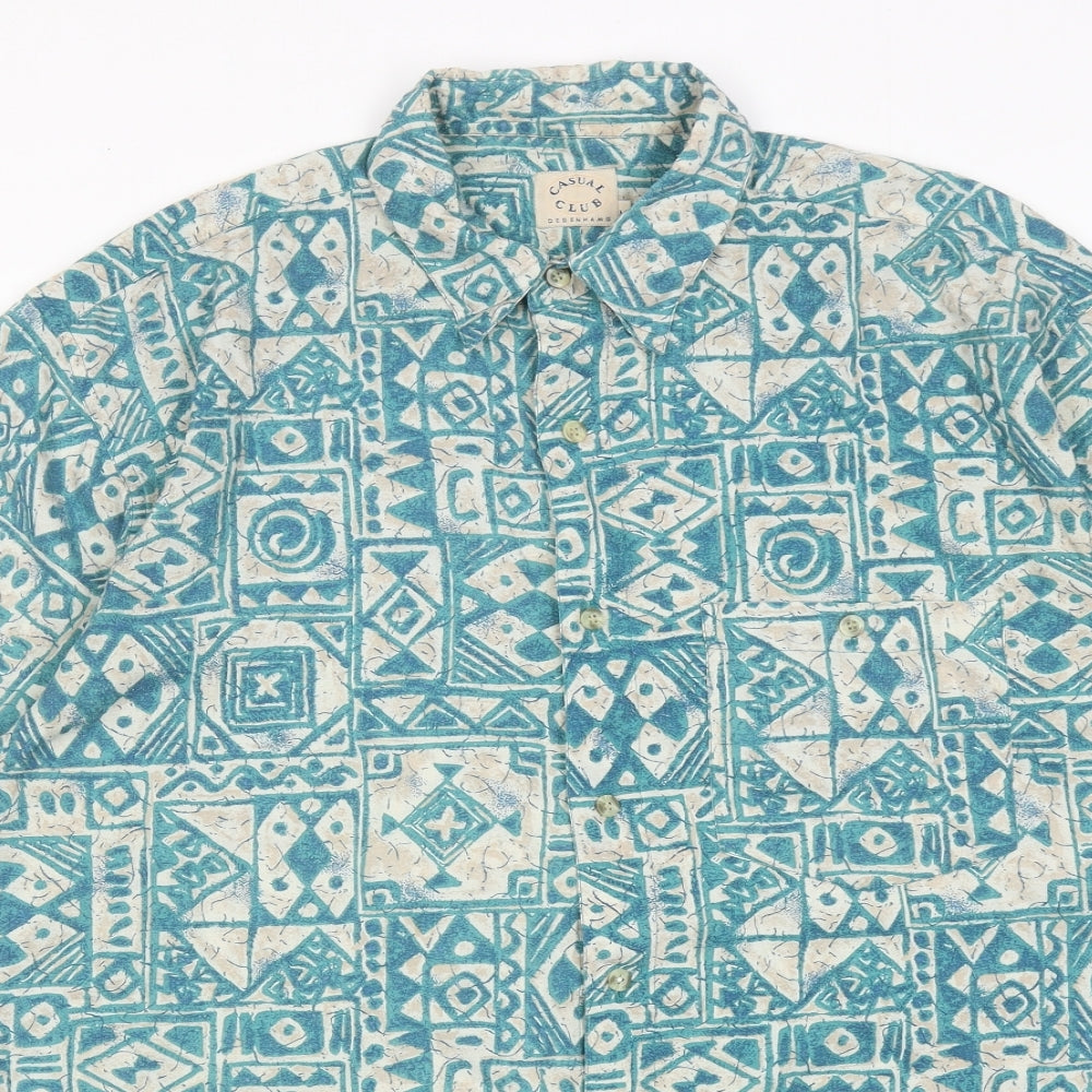 Debenhams Mens Blue Geometric Polyester Button-Up Size M Collared Button