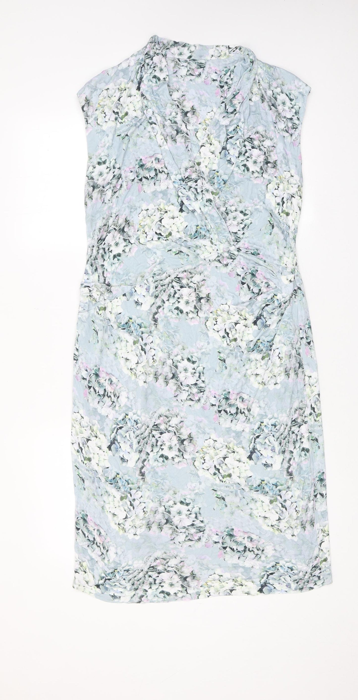 Marks and Spencer Womens Blue Floral Viscose Shift Size 18 V-Neck Pullover