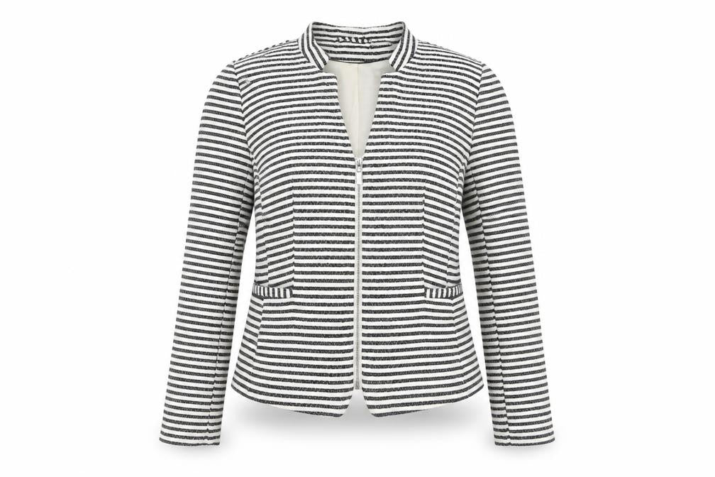 Front view of H&M women’s black striped jacket blazer, size UK 12, zip