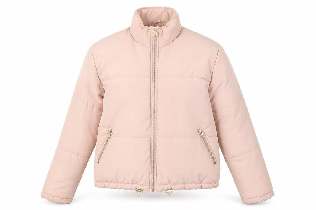 Front view of New Look women’s pink puffer jacket jacket, size UK 8, zip