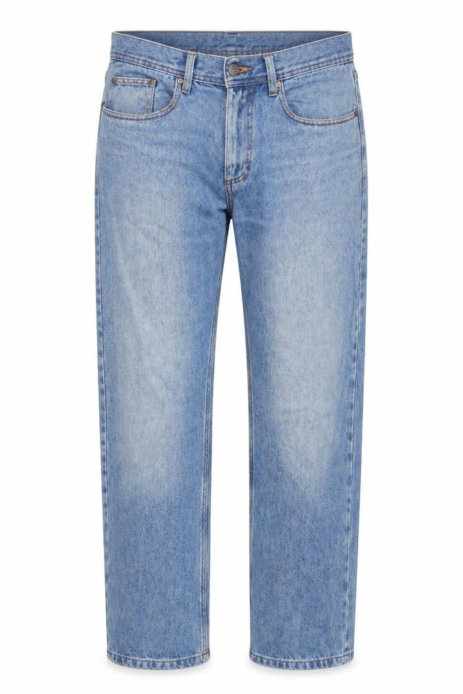 Front view of Cotton Traders men’s blue cotton straight jeans, size 34, in regular zip