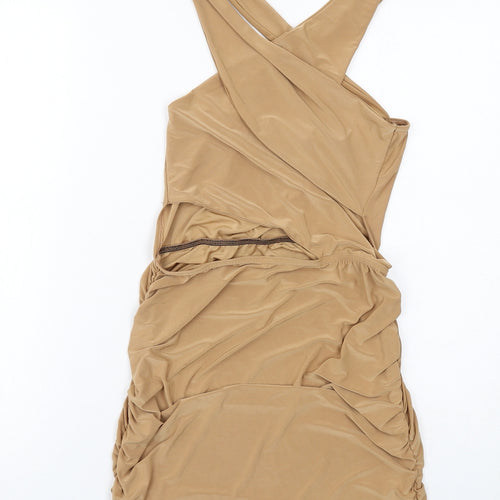 PRETTYLITTLETHING Womens Beige Polyester Mini Size 14 V-Neck Pullover