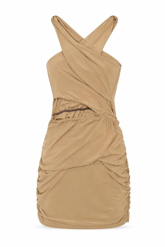 Front view of PRETTYLITTLETHING women’s beige polyester mini, size UK 14, v-neck pullover