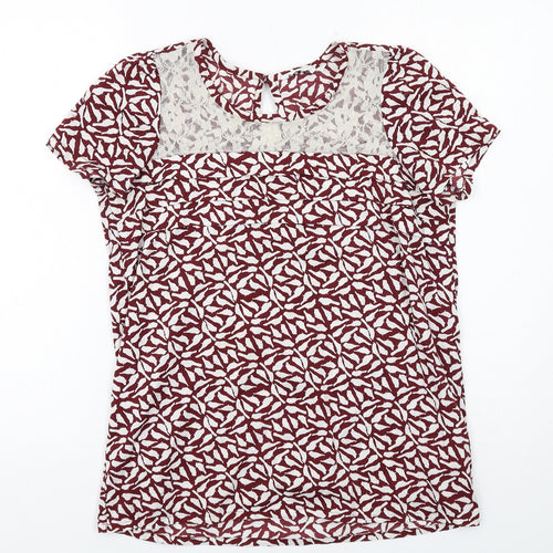 New Look Womens Red Geometric Polyester Basic T-Shirt Size 10 Boat Neck