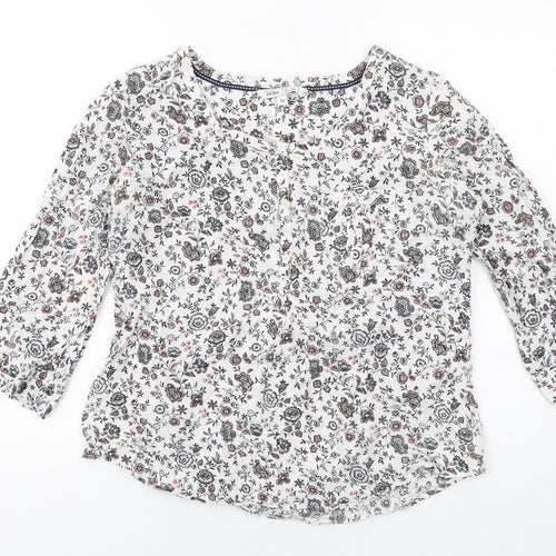 Fat Face Womens White Floral Cotton Basic T-Shirt Size 14 Boat Neck