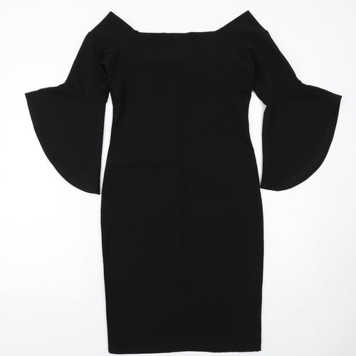 River Island Womens Black Polyester Pencil Dress Size 12 Square Neck Pullover - Flared Sleeve