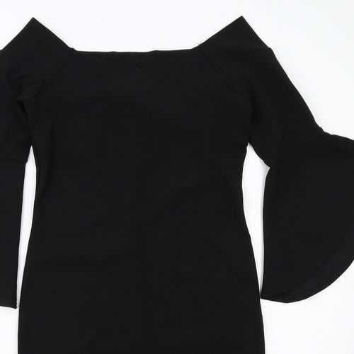 River Island Womens Black Polyester Pencil Dress Size 12 Square Neck Pullover - Flared Sleeve
