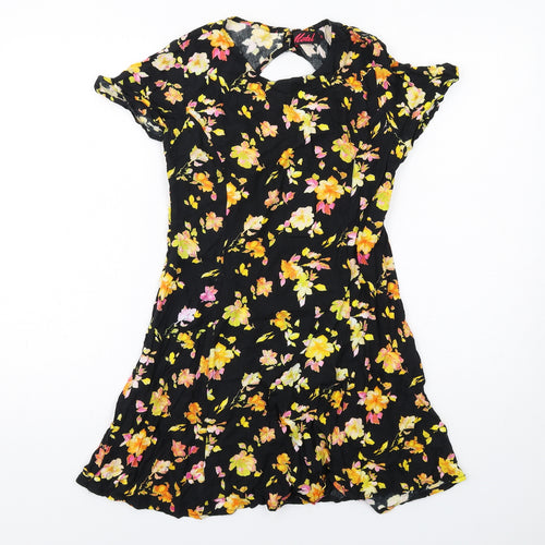 Motel Womens Black Floral Viscose A-Line Size S Round Neck Zip