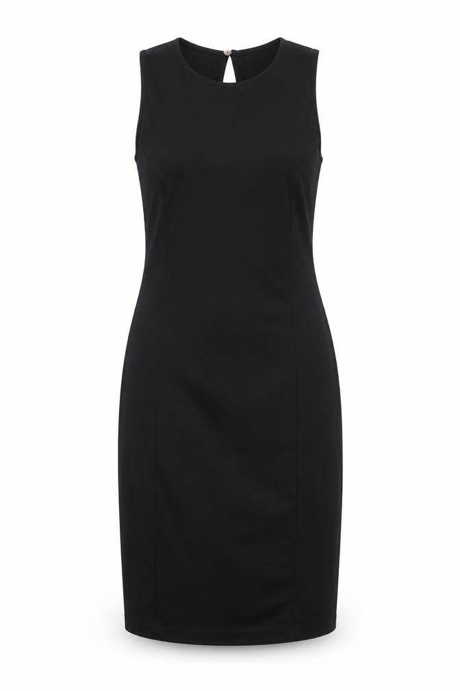 Front view of H&M women’s black polyester sheath, size S, boat neck button