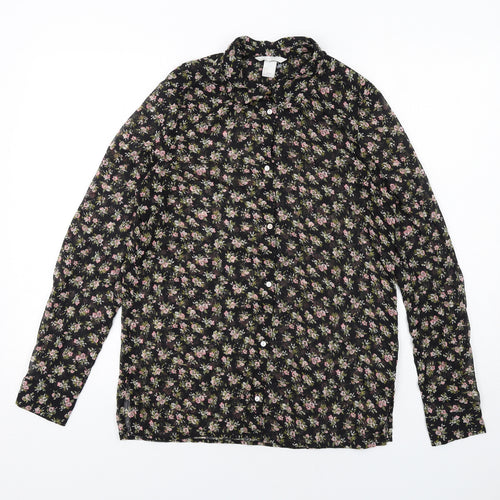H&M Womens Black Floral Polyester Basic Button-Up Size 8 Collared