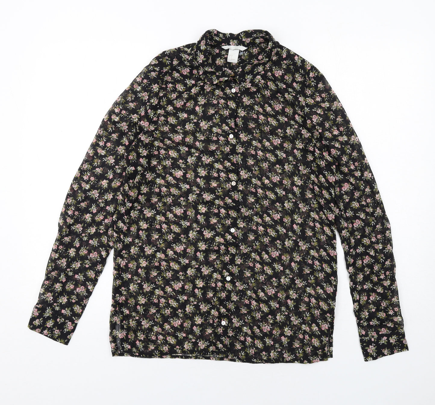 H&M Womens Black Floral Polyester Basic Button-Up Size 8 Collared