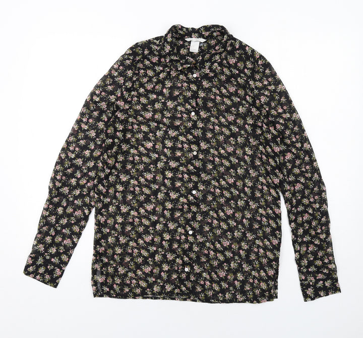H&M Womens Black Floral Polyester Basic Button-Up Size 8 Collared