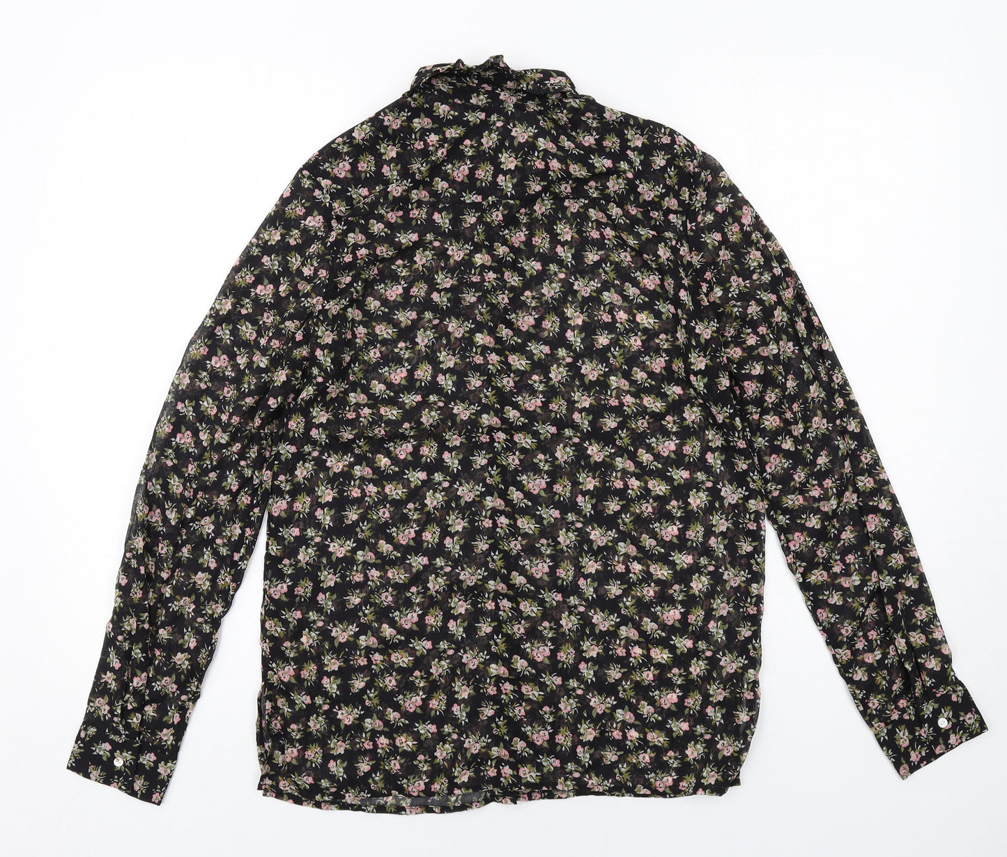 H&M Womens Black Floral Polyester Basic Button-Up Size 8 Collared