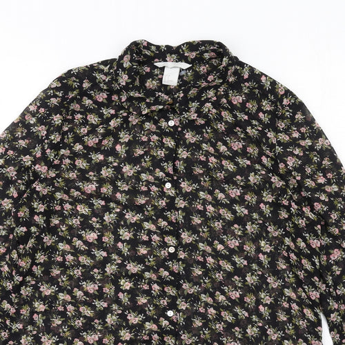 H&M Womens Black Floral Polyester Basic Button-Up Size 8 Collared