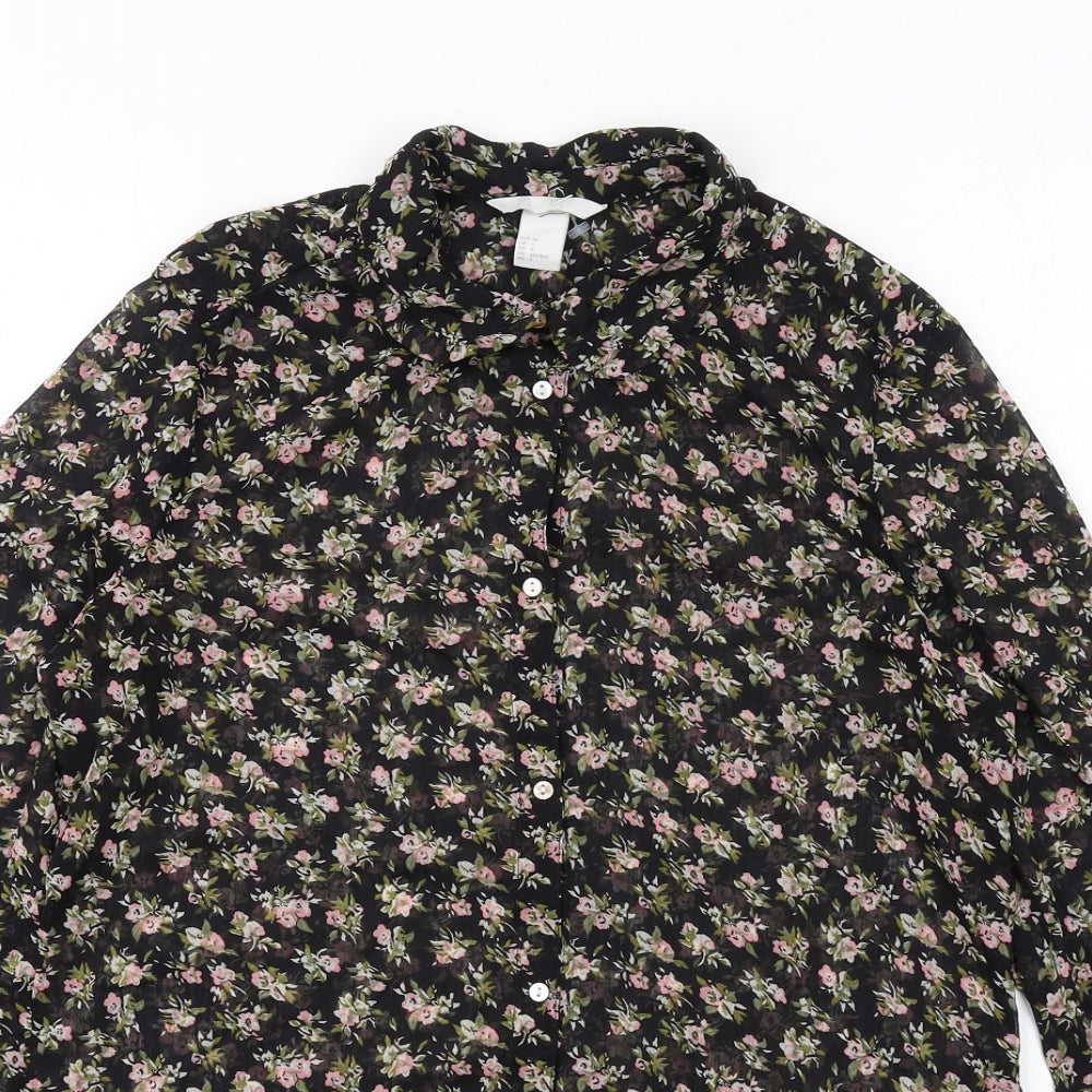 H&M Womens Black Floral Polyester Basic Button-Up Size 8 Collared