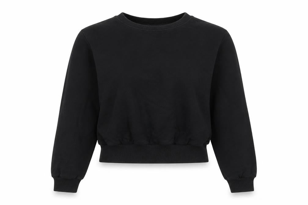 Front view of ASOS women’s black cotton pullover sweatshirt, size UK 8, pullover