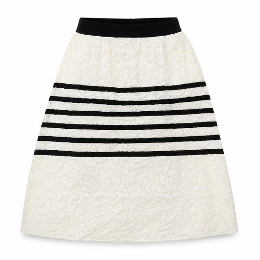 Front view of Jijil women’s ivory striped acrylic swing skirt, size UK 12