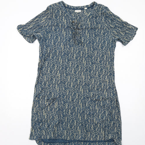 Fat Face Womens Blue Geometric Cotton Shirt Dress Size 14 V-Neck Pullover