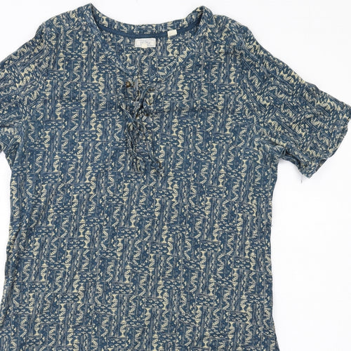 Fat Face Womens Blue Geometric Cotton Shirt Dress Size 14 V-Neck Pullover