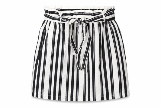 Front view of Topshop women’s white striped viscose a-line skirt, size UK 12, - belt included