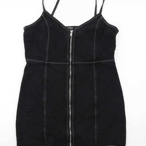 Boohoo Womens Black Cotton Mini Size 12 V-Neck Zip