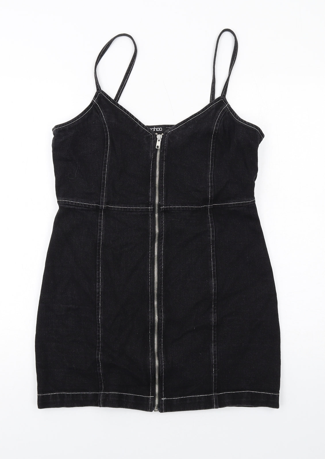 Boohoo Womens Black Cotton Mini Size 12 V-Neck Zip