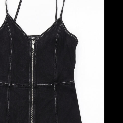 Boohoo Womens Black Cotton Mini Size 12 V-Neck Zip