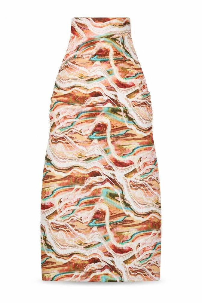 Front view of PRETTYLITTLETHING women’s multicoloured geometric polyester mini, size UK 12, halter button - open back