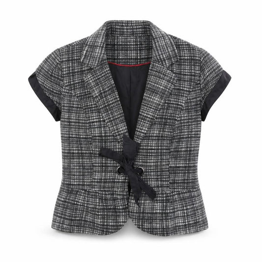 Front view of Marks & Spencer women’s black geometric jacket blazer, size UK 12, tie