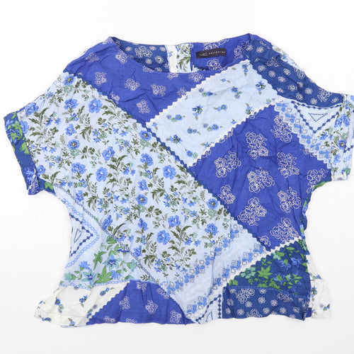 Marks and Spencer Womens Blue Geometric Viscose Basic Blouse Size 12 Round Neck