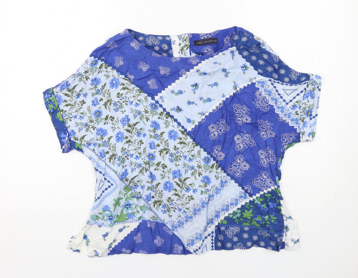 Marks and Spencer Womens Blue Geometric Viscose Basic Blouse Size 12 Round Neck