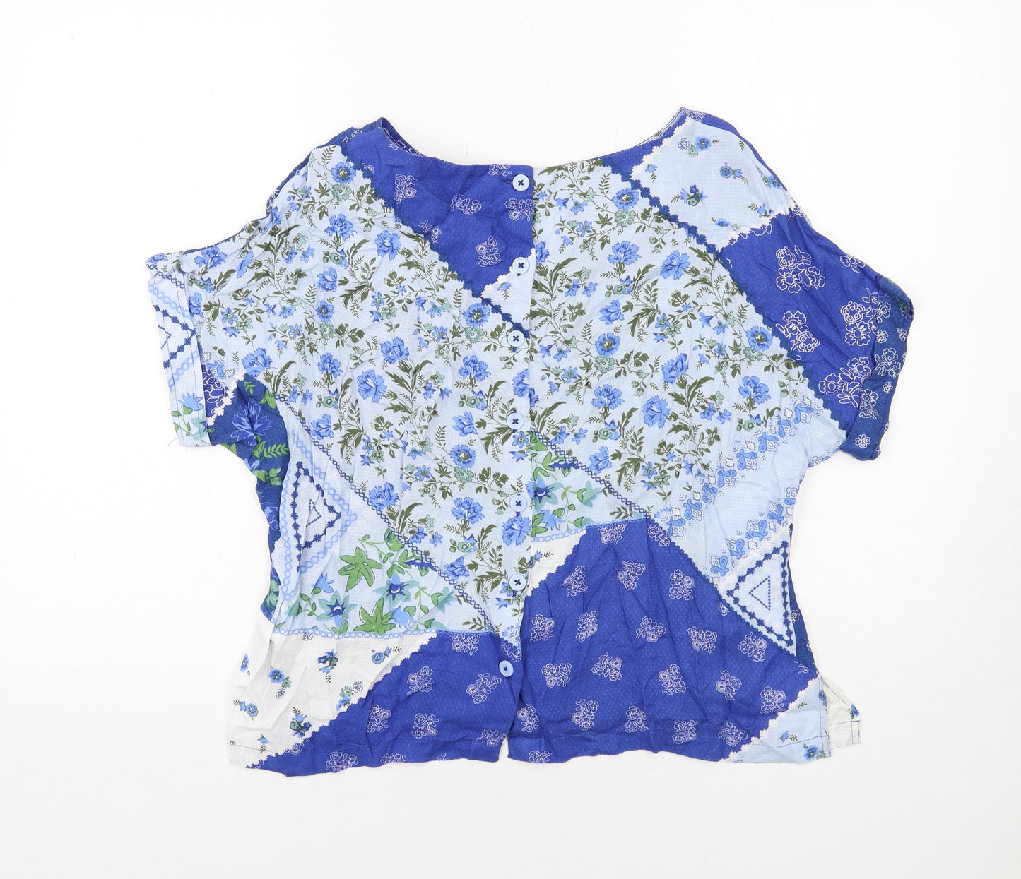 Marks and Spencer Womens Blue Geometric Viscose Basic Blouse Size 12 Round Neck