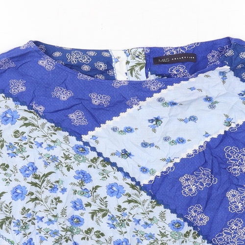 Marks and Spencer Womens Blue Geometric Viscose Basic Blouse Size 12 Round Neck