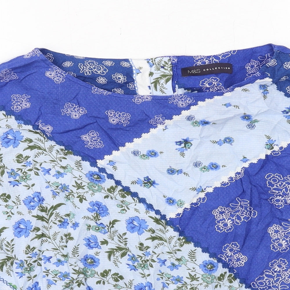 Marks and Spencer Womens Blue Geometric Viscose Basic Blouse Size 12 Round Neck