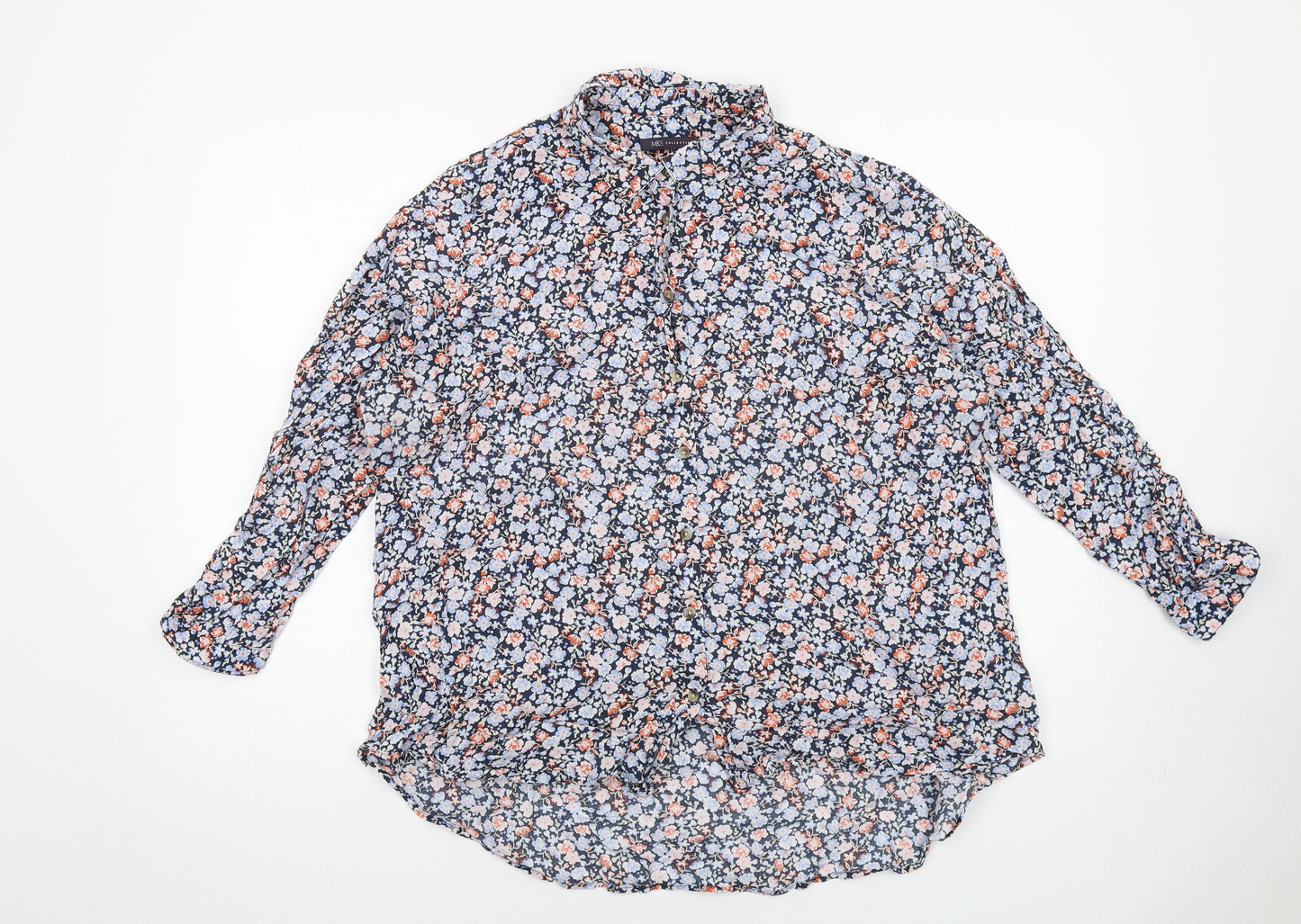 Marks and Spencer Womens Blue Floral Cotton Basic Button-Up Size 20 Collared