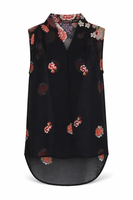 Front view of Vero Moda women’s black floral polyester basic tank, size M, v-neck