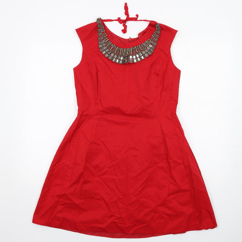 Oasis Womens Red Cotton A-Line Size 14 Round Neck Zip