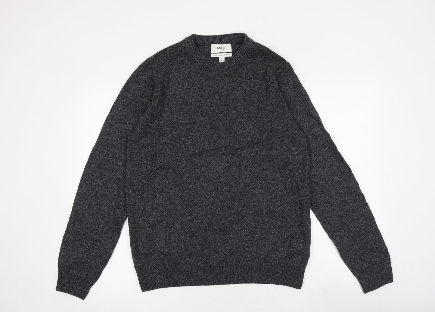 Marks and Spencer Mens Grey Round Neck Wool Pullover Jumper Size M Long Sleeve