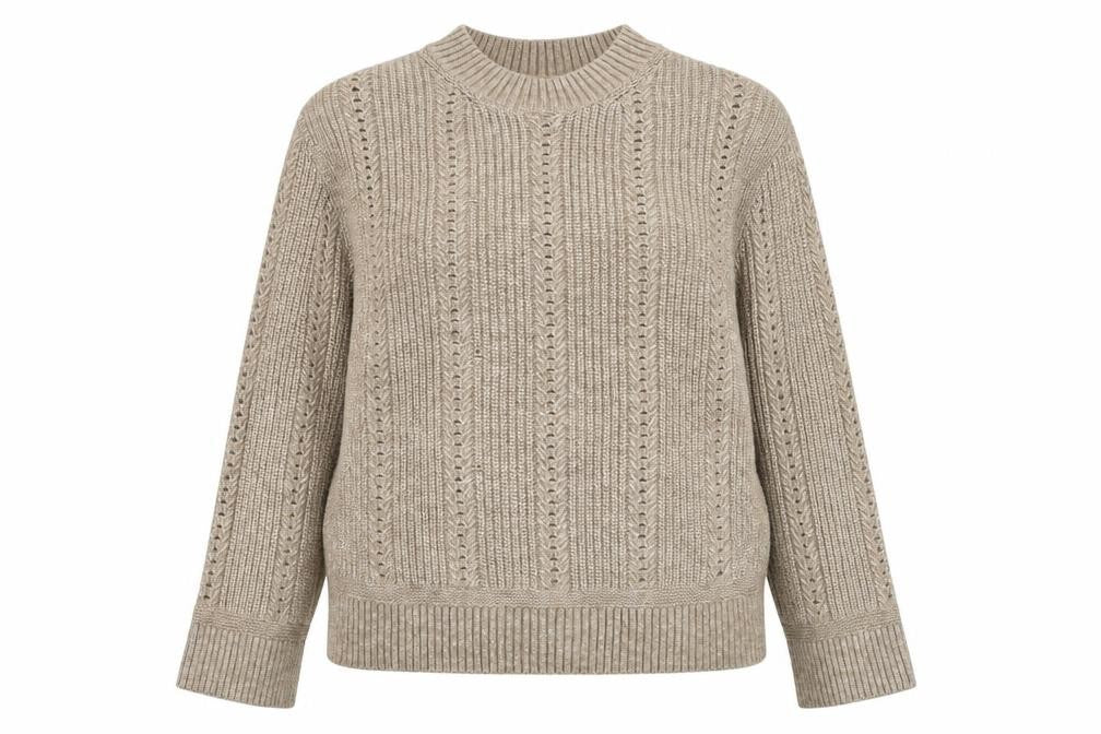 Front view of Marks & Spencer women’s beige round neck acrylic jumper, size S