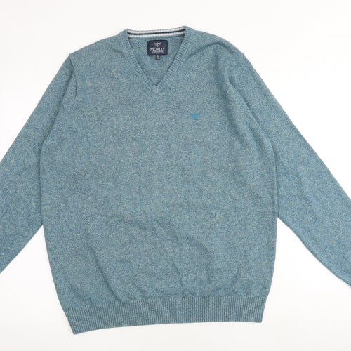 Morley Mens Blue V-Neck Cotton Pullover Jumper Size XL Long Sleeve