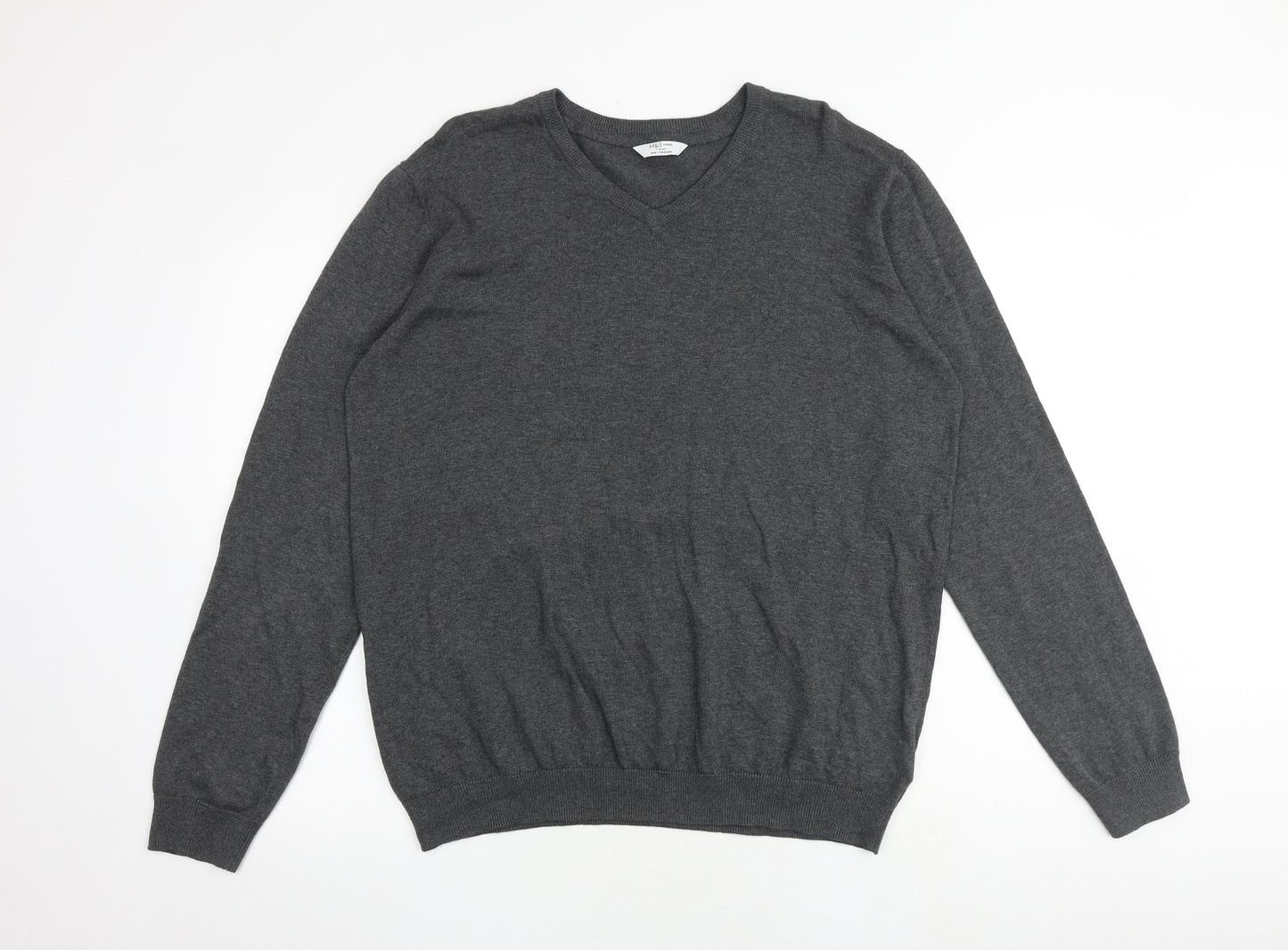Marks and Spencer Boys Grey V-Neck 100% Cotton Pullover Jumper Size 15-16 Years Pullover