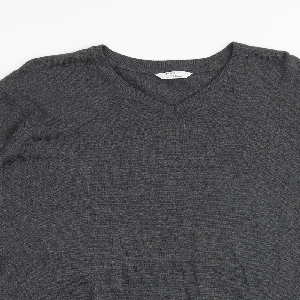 Marks and Spencer Boys Grey V-Neck 100% Cotton Pullover Jumper Size 15-16 Years Pullover