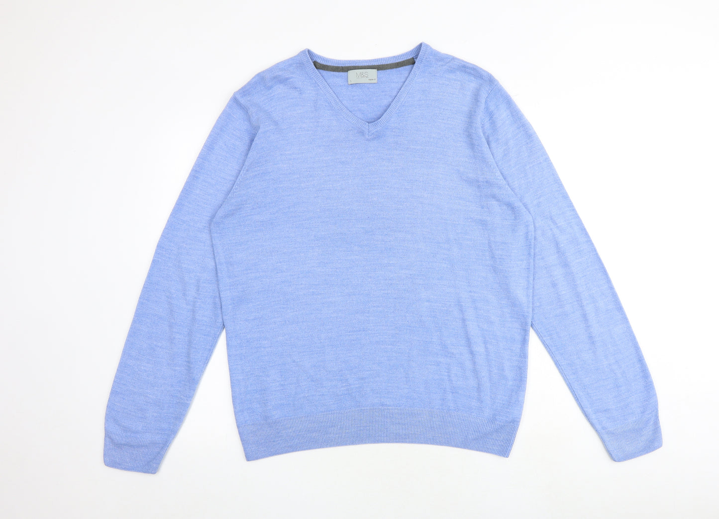 Marks and Spencer Mens Blue V-Neck Acrylic Pullover Jumper Size L Long Sleeve