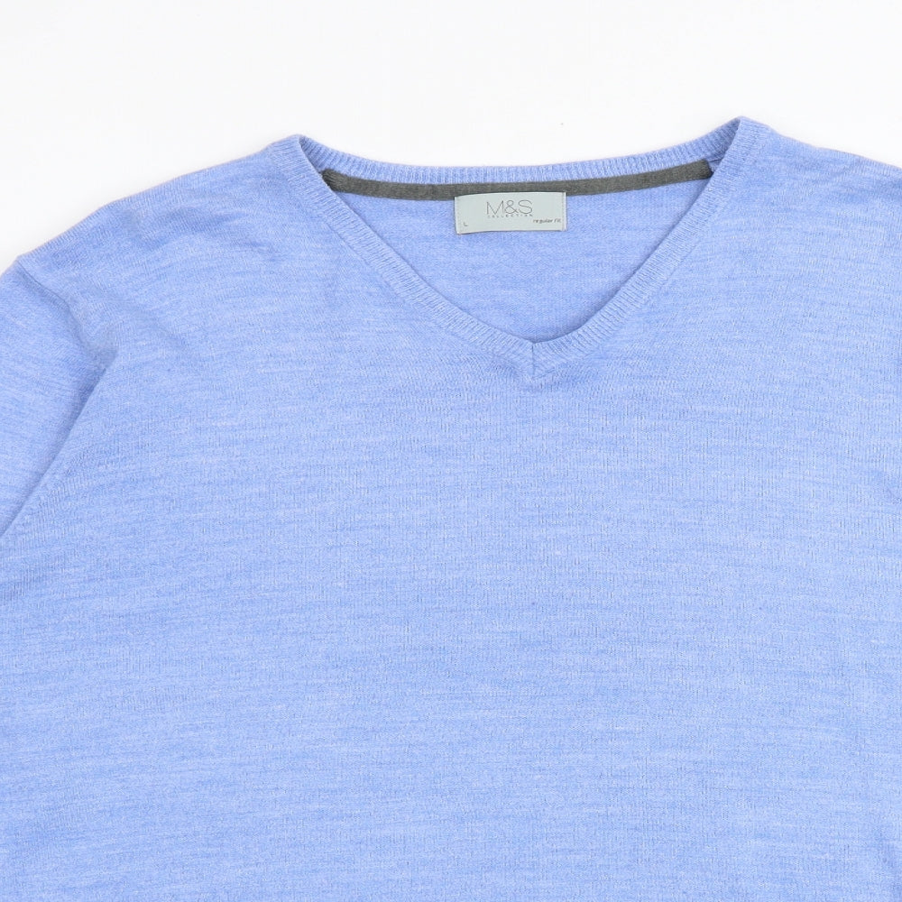 Marks and Spencer Mens Blue V-Neck Acrylic Pullover Jumper Size L Long Sleeve