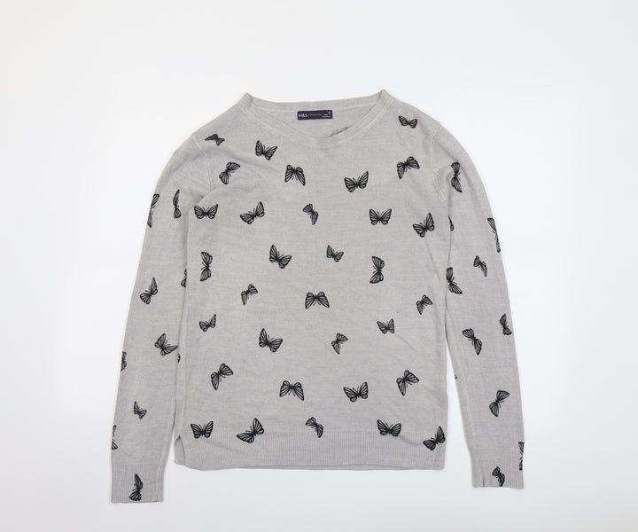 Marks and Spencer Womens Grey Round Neck Geometric Acrylic Pullover Jumper Size 10 - Butterfly